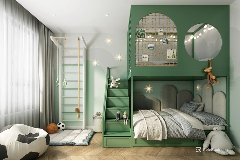 Green Kids Room Interior Design With Bunk Bed Ladder Star Lights Soft Rug and Toys 3d model 