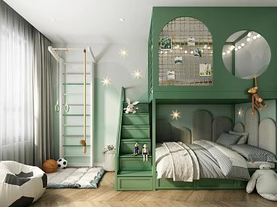 Green Kids Room Interior Design With Bunk Bed Ladder Star Lights Soft Rug and Toys 3d model