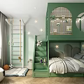 Green Kids Room Interior Design With Bunk Bed Ladder Star Lights Soft Rug and Toys