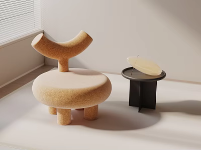 Minimalist Modern Beige Accent Chair With Curved Backrest Round Seat Short Legs Small Black Table 3d model
