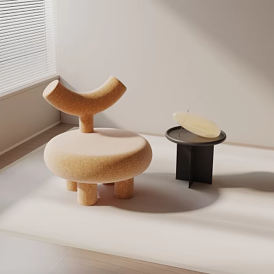 Minimalist Modern Beige Accent Chair With Curved Backrest Round Seat Short Legs Small Black Table 3d model