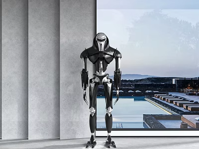 Intelligent Machine Robot in Modern Room with Large Window and Swimming Pool View 3d model