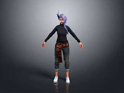 Woman With Purple Hair Blue Horns Black Top Plaid Accent Black Pants White Shoes 3d model