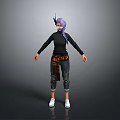 Woman With Purple Hair Blue Horns Black Top Plaid Accent Black Pants White Shoes