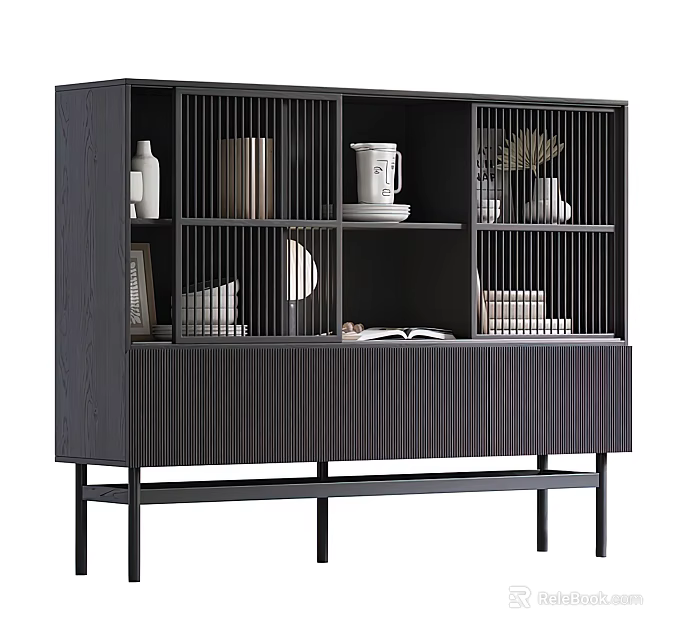 Modern Slatted Bookcase With Dark Finish Open Compartments Decorative Books Vases And Ceramic Mug 3d model 