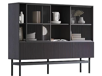 Modern Slatted Bookcase With Dark Finish Open Compartments Decorative Books Vases And Ceramic Mug 3d model