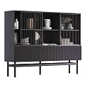 Modern Slatted Bookcase With Dark Finish Open Compartments Decorative Books Vases And Ceramic Mug