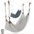 Hanging Hammock Chairs With Blue Patterned And Beige Soft Fabric And Leather Accents