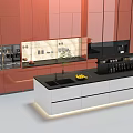 Red Kitchen Cabinets With Black Countertop Bottles Containers And Tile Backsplash