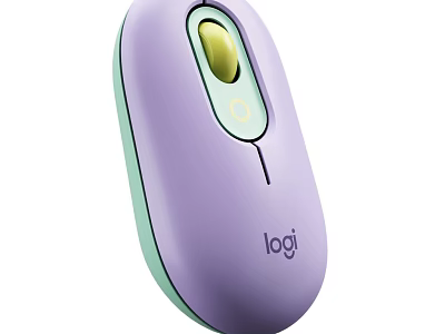 Logi Modern Computer Mouse with Purple and Light Green Color and Yellow Scroll Wheel 3d model
