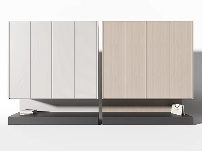 Sleek Modern Wardrobe Design With White And Light Wood Cabinet Doors And Black Base 3d model