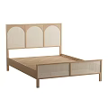 Minimalist Wooden Double Bed With Arched Rattan Headboard And Slatted Frame
