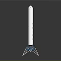 Detailed White Rocket Model With Blue Accents On Metallic Launch Support Stand
