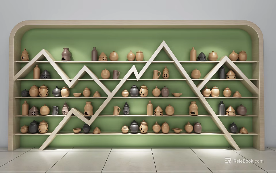 School Ceramic Display With Triangular Shelves And Pottery 3d model