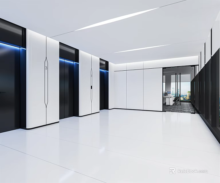 Modern Elevator Hallway With Spacious White Flooring Black Panels And Blue Lighting 3d model
