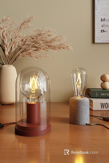 Modern Minimalist Table Lamps With Transparent Glass Shades Vintage Tungsten Filament And Red Gray Bases 3d model 