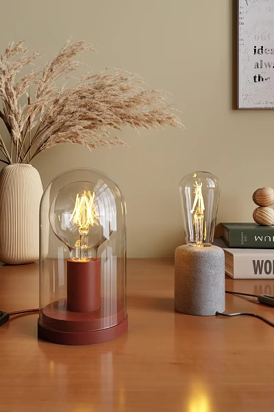 Modern Minimalist Table Lamps With Transparent Glass Shades Vintage Tungsten Filament And Red Gray Bases 3d model