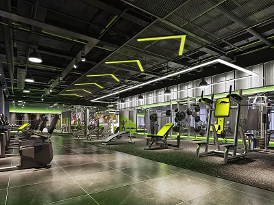 Modern Gym Interior With Green Accent Lighting Treadmills Strength Machines And Gray Floor Tiles 3d model