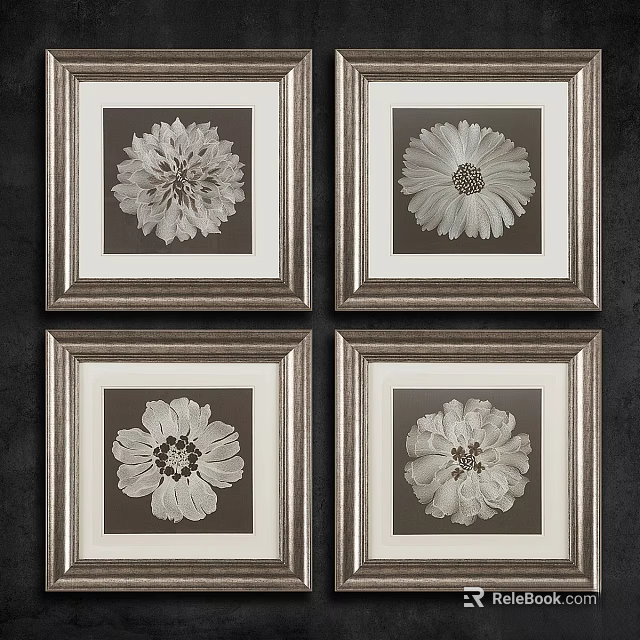 Four Elegant Picture Frames Featuring White Flower Artworks On Dark Background Wall Decor 3d model 