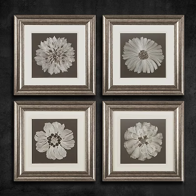 Four Elegant Picture Frames Featuring White Flower Artworks On Dark Background Wall Decor 3d model