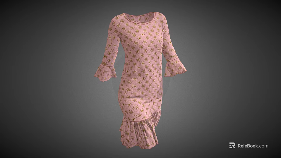 Pink Dress With Gold Patterns Flared Sleeves And Ruffled Hem 3d model 