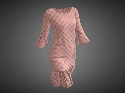 Pink Dress With Gold Patterns Flared Sleeves And Ruffled Hem 3d model