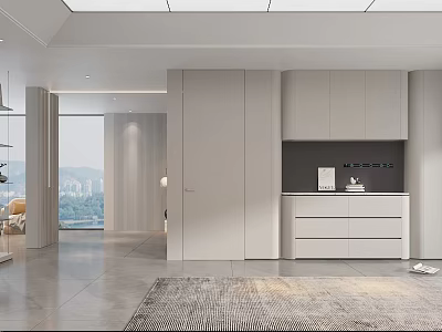 Modern Minimalist Light Toned Living Dining Room With Custom Wall Storage Cabinets And Large Windows 3d model