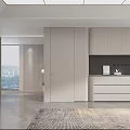 Modern Minimalist Light Toned Living Dining Room With Custom Wall Storage Cabinets And Large Windows