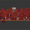 3D Pixel Art Scene With Red Blocks Gray Tower And White Rock Structures