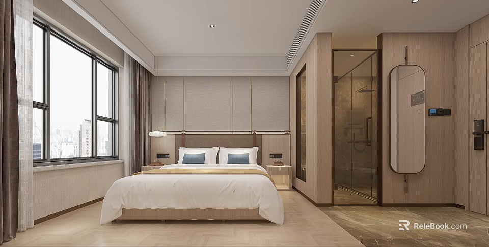 Modern Hotel Room Interior Featuring Large Bed White Bedspread Blue Pillows Open Glass Partition Bathroom 3d model 