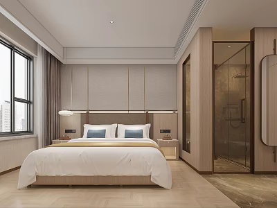 Modern Hotel Room Interior Featuring Large Bed White Bedspread Blue Pillows Open Glass Partition Bathroom 3d model