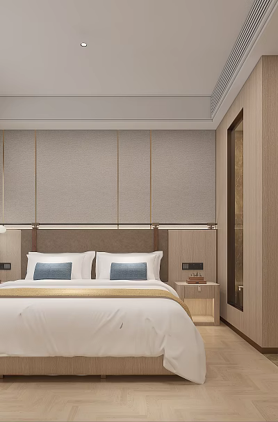 Modern Hotel Room Interior Featuring Large Bed White Bedspread Blue Pillows Open Glass Partition Bathroom 3d model