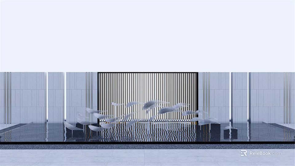 Modern Abstract Metal Landscape Sculpture In Courtyard With Grille Background And Water Feature 3d model 