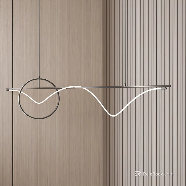 Modern Wave Line Chandelier With Circular Frame LED Strip Light In Minimalist Wooden Striped Wall 3d model 