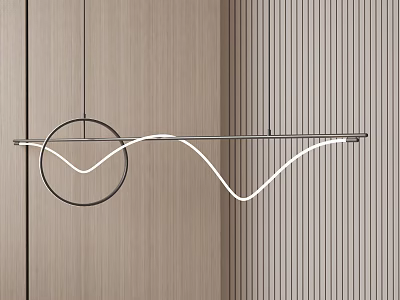 Modern Wave Line Chandelier With Circular Frame LED Strip Light In Minimalist Wooden Striped Wall 3d model