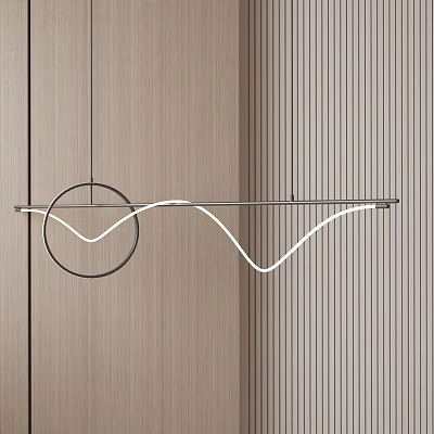 Modern Wave Line Chandelier With Circular Frame LED Strip Light In Minimalist Wooden Striped Wall 3d model