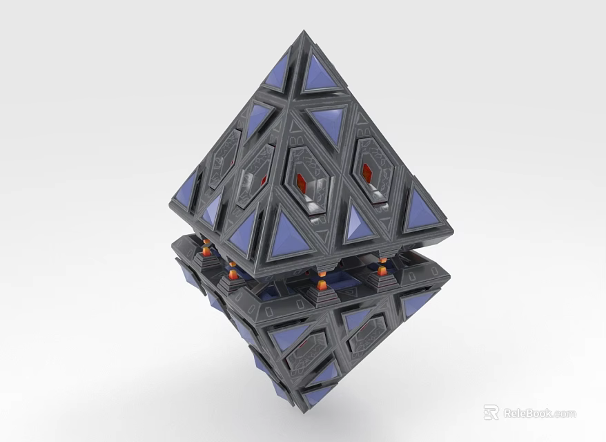 Mechanical 3D Structure With Pyramid Top Cube Base Blue Gray Panels Red Details 3d model