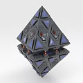 Mechanical 3D Structure With Pyramid Top Cube Base Blue Gray Panels Red Details 3d model