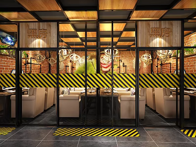 Internet Cafe With Glass Doors Brick Walls Yellow Black Warning Stripes Hanging Lights Sofa Seats 3d model