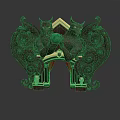 Dark Colored Carved Decorative Sculpture With Demon Figures Holding Green Object And Small Human Statues