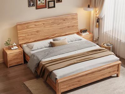 Wooden Bedroom Interior Design With Bed Nightstand Lamp Curtains And Rug 3d model