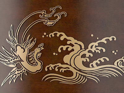 Intricate Dragon Wave And Cloud Carving Design On Wooden Surface 3d model