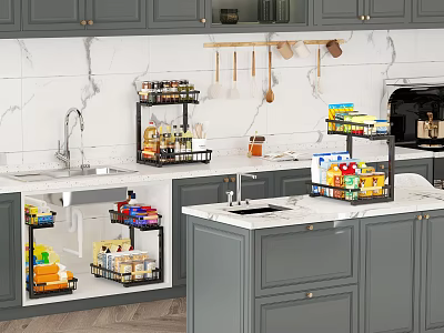 Kitchen Storage Shelves Under Sink Countertop Organize Spices Food Containers Cleaning Supplies 3d model