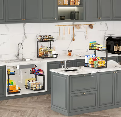 Kitchen Storage Shelves Under Sink Countertop Organize Spices Food Containers Cleaning Supplies 3d model