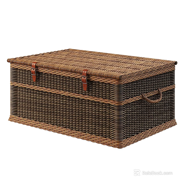 Brown Wicker Storage Box With Leather Straps And Handle For Home Organization 3d model 