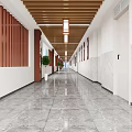 Modern Elevator Hallway Interior With Marble Flooring White Walls Wooden Ceiling And Lighting Fixtures