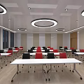 School Classroom With Long Tables Red Black Chairs Large Windows Sunset View Circular Pendant Lights