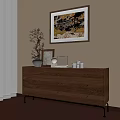 Cozy Room Corner With Wooden Dresser Decorative Items And Wall Art