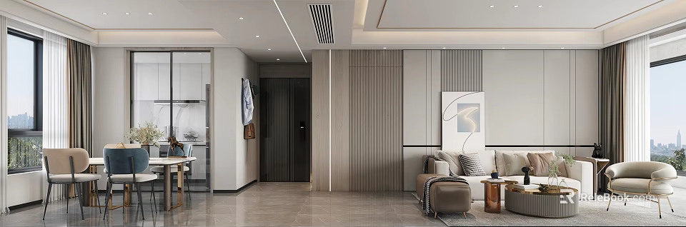 Elegant Modern Living Dining Room Interior With Open Layout Sofa Dining Table And Decorative Art 3d model