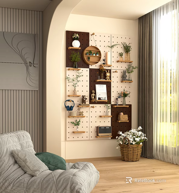 Cozy Home Balcony Design Featuring Pegboard Shelves Potted Plants Decorations and Natural Light 3d model 